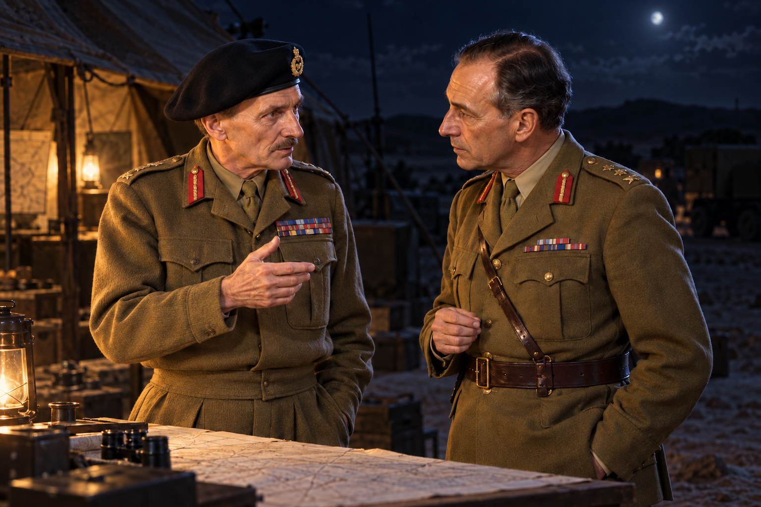 FREDDIE promotional artwork: two British generals confer over a map table by lantern light at night